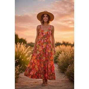 KUT from the Kloth Havana V-Neck Maxi Dress Orange Green Floral Spring NWT